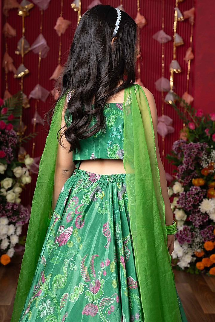 Green Crepe & Organza Printed Lehenga Set For Girls by Kirti Agarwal Pret n Couture at Pernia's Pop Up Shop