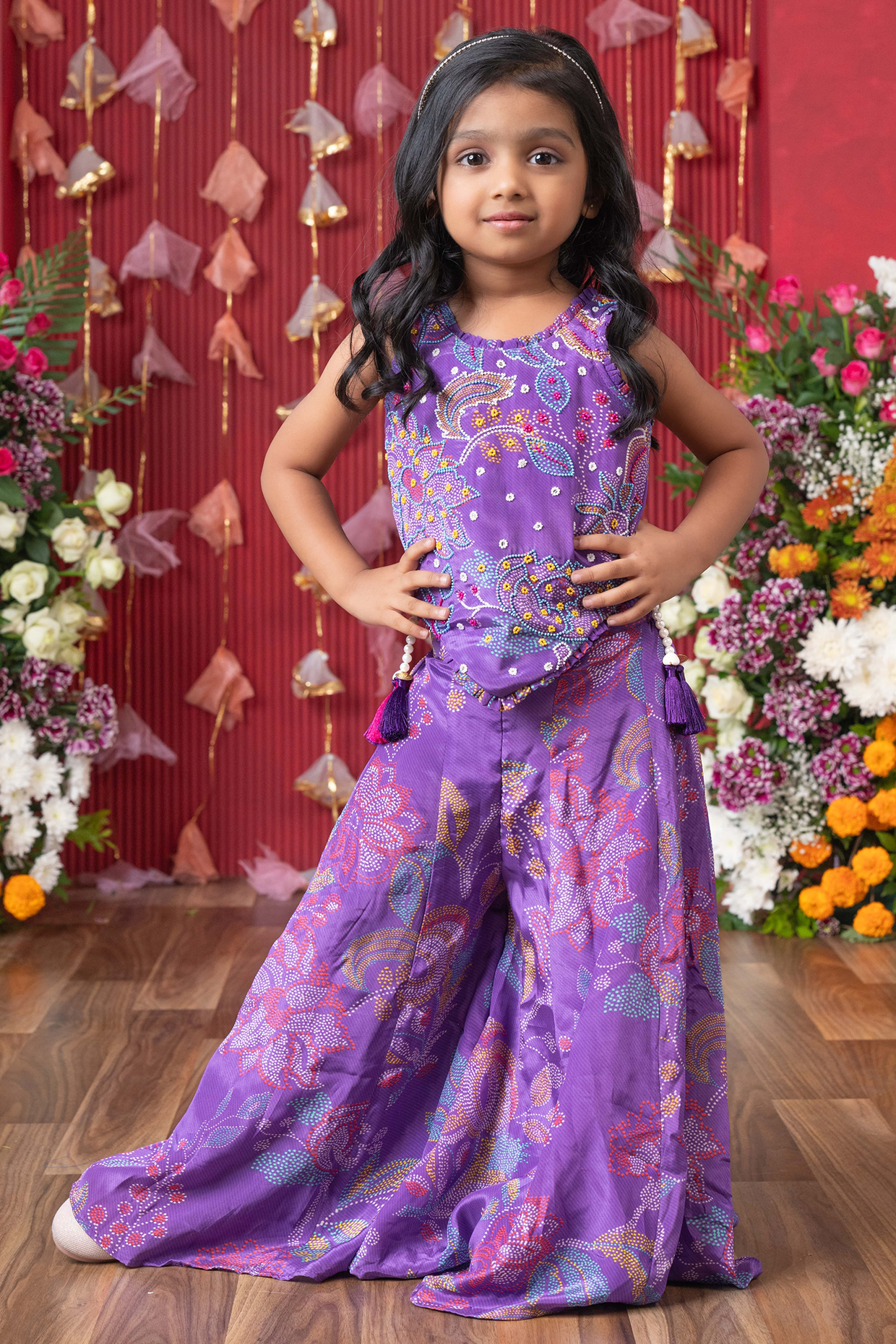 Purple Crepe Printed Palazzo Pant Set For Girls by Kirti Agarwal Pret n Couture at Pernia's Pop Up Shop