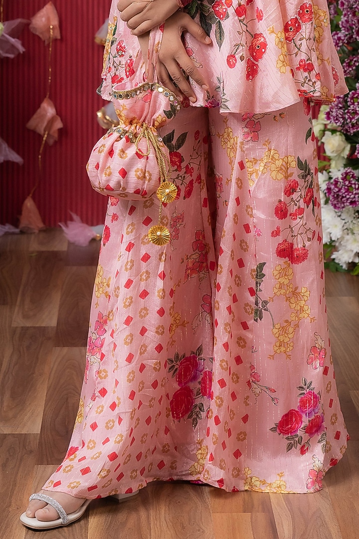 Peach Chiffon Lurex Printed Palazzo Pant Set For Girls by Kirti Agarwal Pret n Couture at Pernia's Pop Up Shop