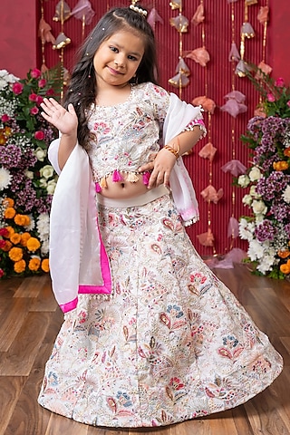 Multi-Colored Georgette & Satin Organza Sequins Embroidered Lehenga Set For Girls by Kirti Agarwal Pret n Couture