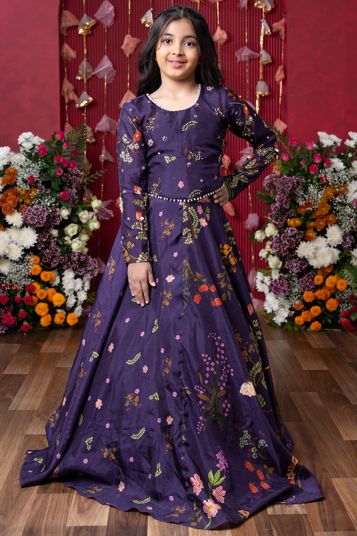 Dark Purple Habutai Silk Printed Lehenga Set For Girls by Kirti Agarwal Pret n Couture at Pernia's Pop Up Shop
