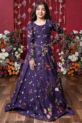 Dark Purple Habutai Silk Printed Lehenga Set For Girls by Kirti Agarwal Pret n Couture