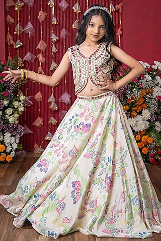 Off-White Crepe Embroidered & Printed Lehenga Set For Girls by Kirti Agarwal Pret n Couture