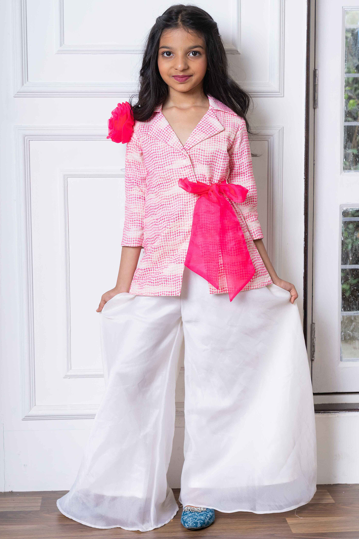 White Organza & Silk Palazzo Pant Set For Girls by Kirti Agarwal Pret n Couture at Pernia's Pop Up Shop