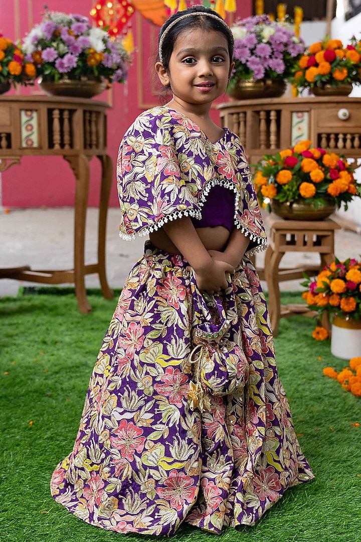 Multi-Colored Crepe Floral Embroidered Lehenga Set For Girls by Kirti Agarwal Pret n Couture at Pernia's Pop Up Shop
