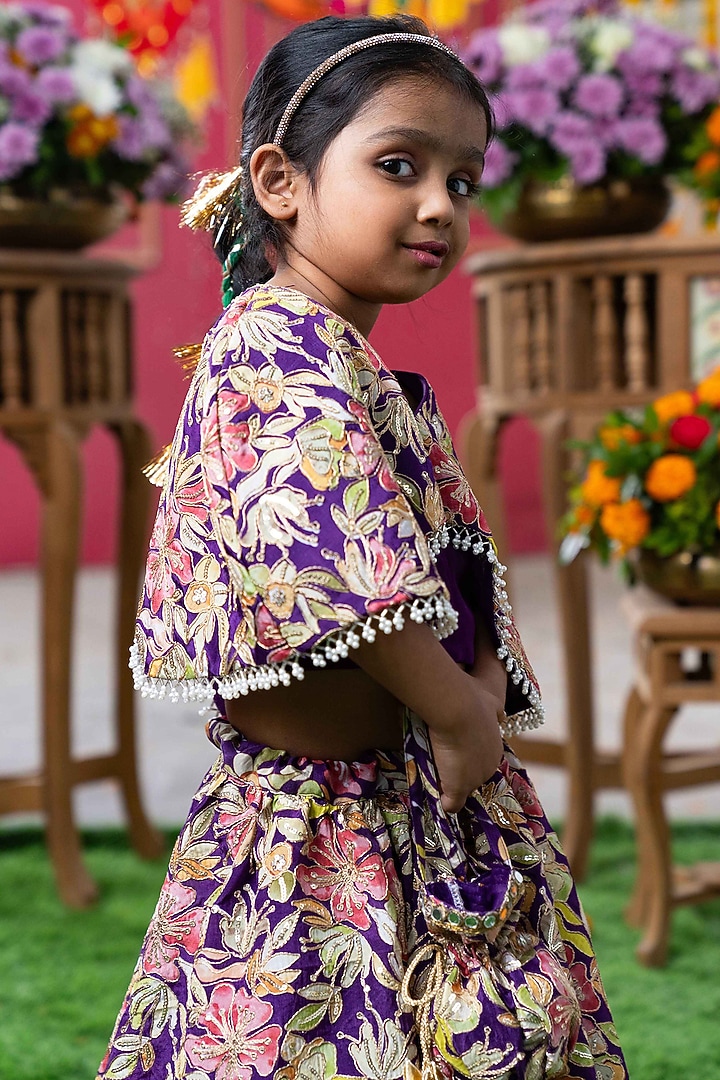 Multi-Colored Crepe Floral Embroidered Lehenga Set For Girls by Kirti Agarwal Pret n Couture at Pernia's Pop Up Shop
