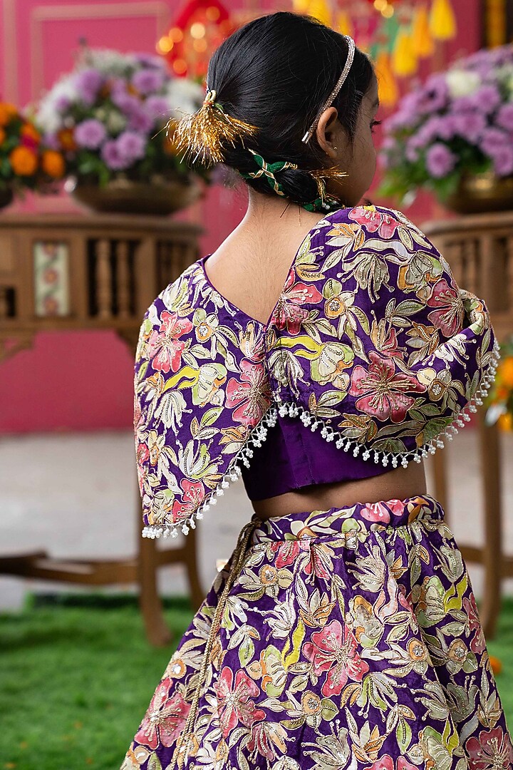 Multi-Colored Crepe Floral Embroidered Lehenga Set For Girls by Kirti Agarwal Pret n Couture at Pernia's Pop Up Shop