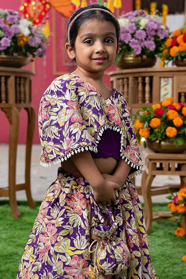 Multi-Colored Crepe Floral Embroidered Lehenga Set For Girls by Kirti Agarwal Pret n Couture at Pernia's Pop Up Shop