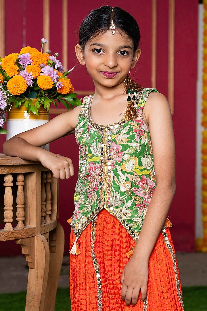 Orange Soft Cotton Mirror Work Sharara Set For Girls by Kirti Agarwal Pret n Couture at Pernia's Pop Up Shop