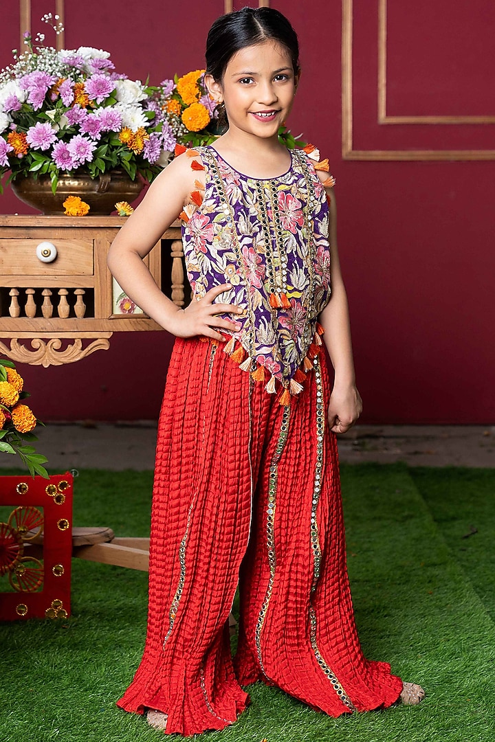 Red Crush Silk & Crepe Mirror Work Sharara Set For Girls by Kirti Agarwal Pret n Couture at Pernia's Pop Up Shop