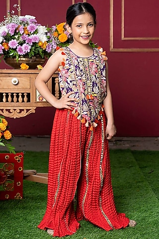 Red Crush Silk & Crepe Mirror Work Sharara Set For Girls by Kirti Agarwal Pret n Couture