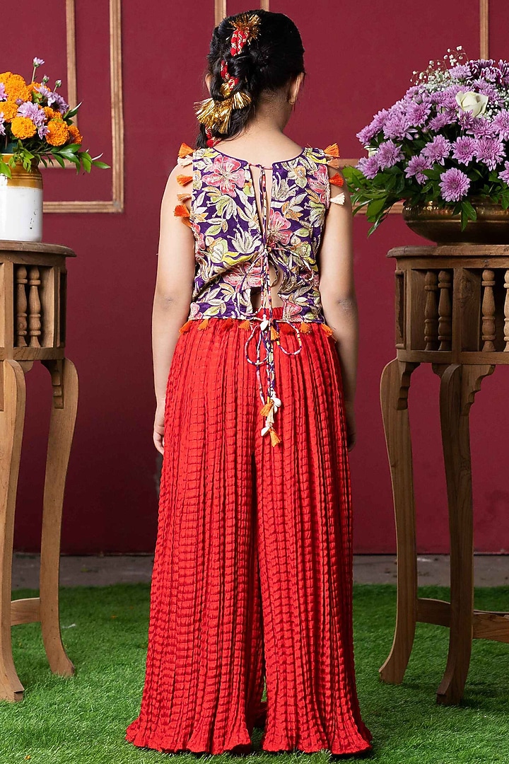 Red Crush Silk & Crepe Mirror Work Sharara Set For Girls by Kirti Agarwal Pret n Couture at Pernia's Pop Up Shop