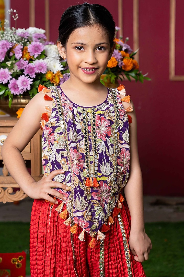 Red Crush Silk & Crepe Mirror Work Sharara Set For Girls by Kirti Agarwal Pret n Couture at Pernia's Pop Up Shop