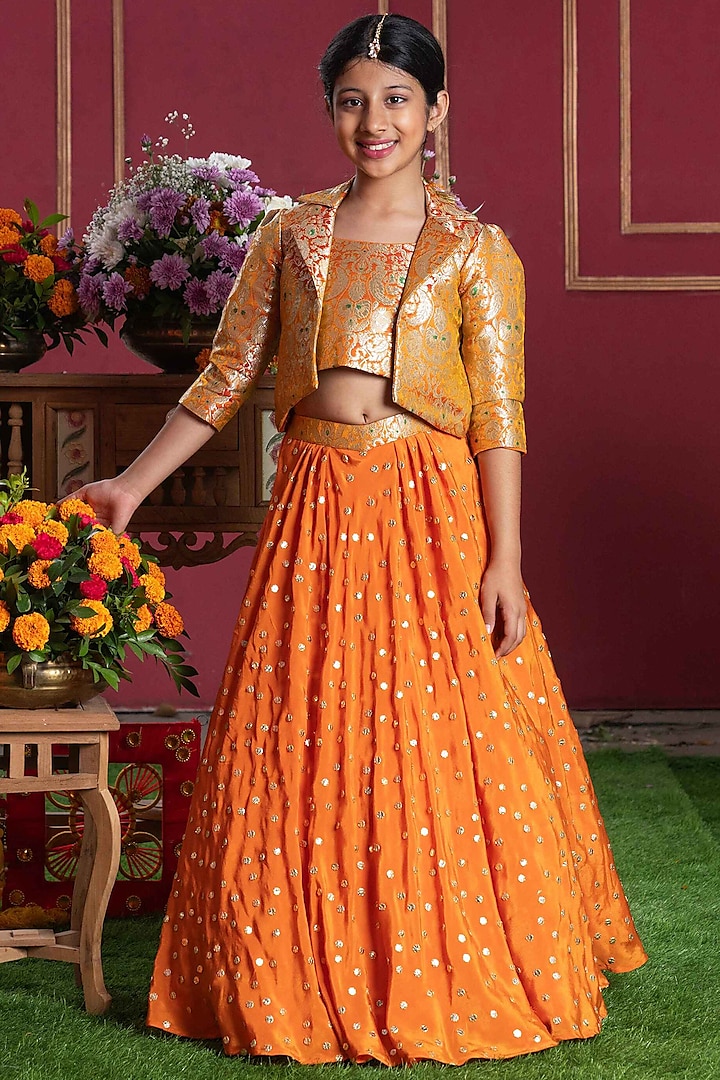 Orange Pure Brocade Silk Embroidered Jacket Lehenga Set For Girls by Kirti Agarwal Pret n Couture at Pernia's Pop Up Shop