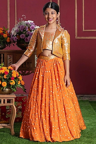 Orange Pure Brocade Silk Embroidered Jacket Lehenga Set For Girls by Kirti Agarwal Pret n Couture