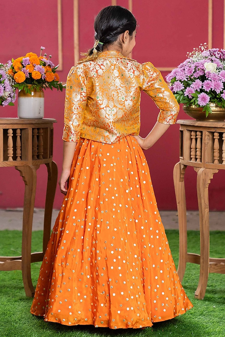 Orange Pure Brocade Silk Embroidered Jacket Lehenga Set For Girls by Kirti Agarwal Pret n Couture at Pernia's Pop Up Shop