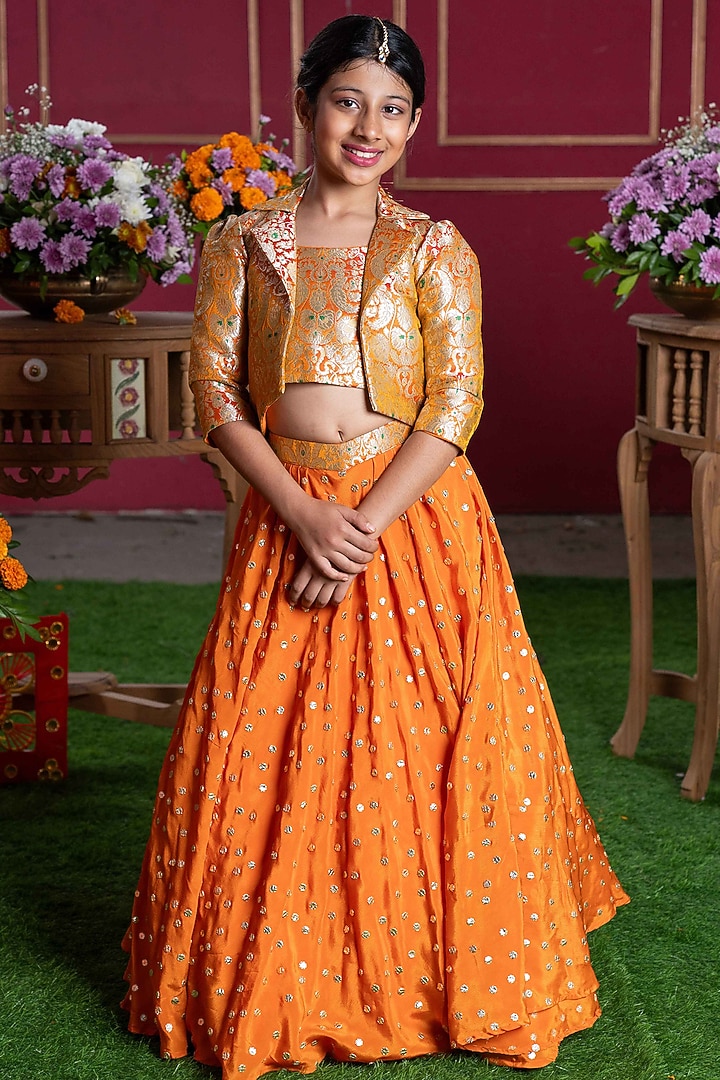 Orange Pure Brocade Silk Embroidered Jacket Lehenga Set For Girls by Kirti Agarwal Pret n Couture at Pernia's Pop Up Shop