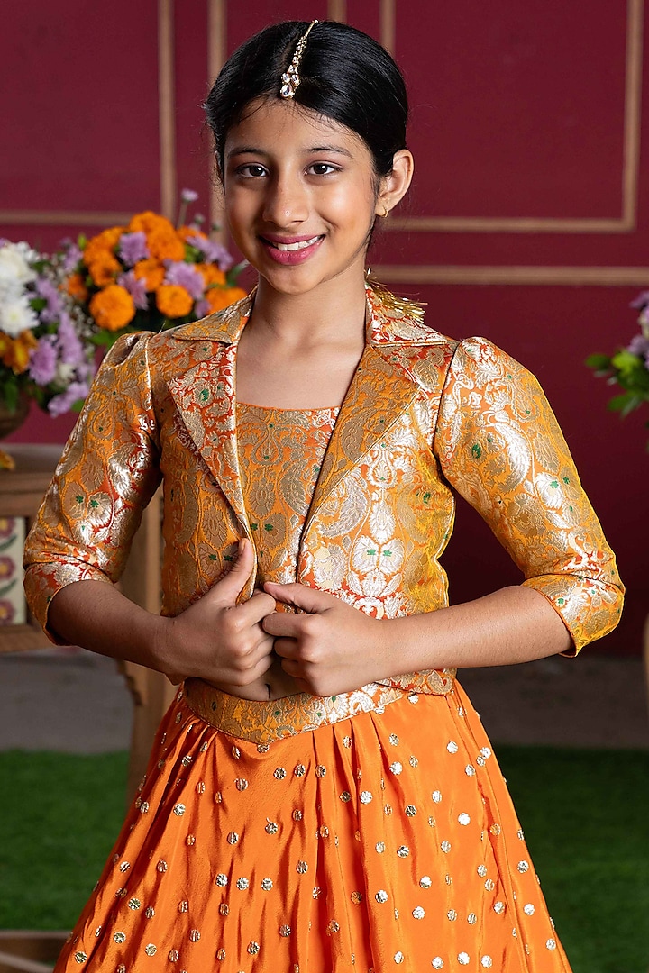 Orange Pure Brocade Silk Embroidered Jacket Lehenga Set For Girls by Kirti Agarwal Pret n Couture at Pernia's Pop Up Shop