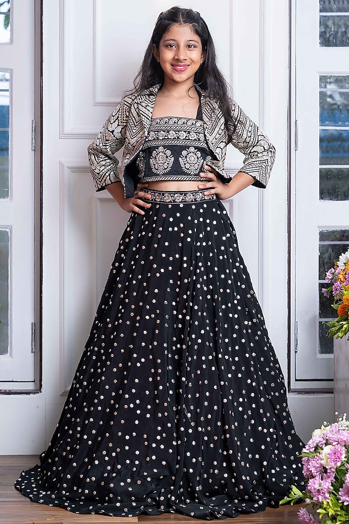 Black & Silver Silk Embroidered Jacket Lehenga Set For Girls by Kirti Agarwal Pret n Couture at Pernia's Pop Up Shop