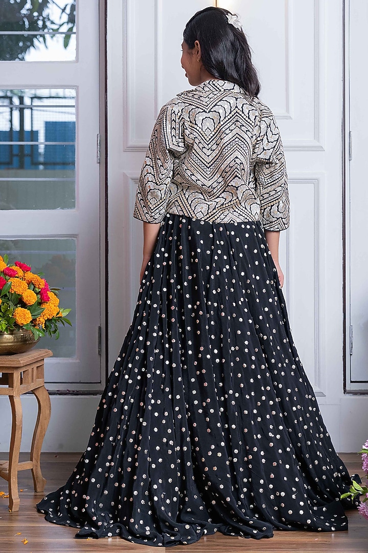 Black & Silver Silk Embroidered Jacket Lehenga Set For Girls by Kirti Agarwal Pret n Couture at Pernia's Pop Up Shop