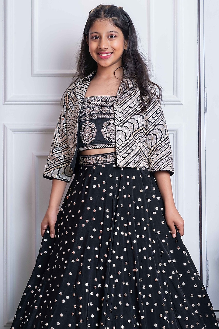 Black & Silver Silk Embroidered Jacket Lehenga Set For Girls by Kirti Agarwal Pret n Couture at Pernia's Pop Up Shop