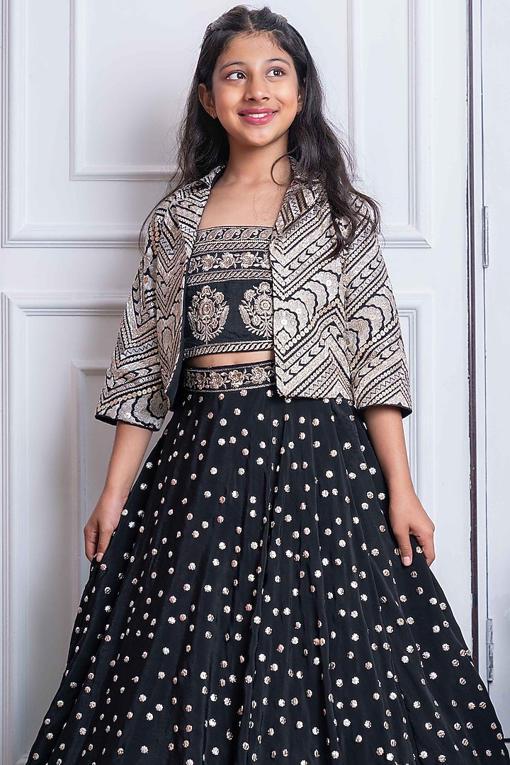 Black & Silver Silk Embroidered Jacket Lehenga Set For Girls by Kirti Agarwal Pret n Couture at Pernia's Pop Up Shop