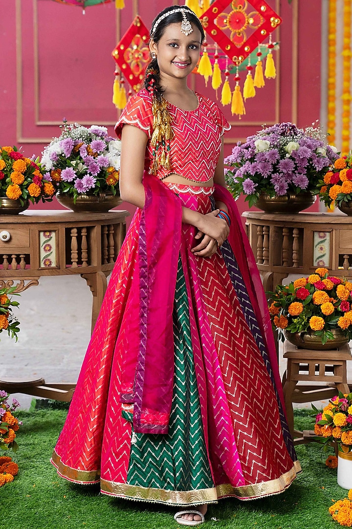 Multi-Colored Silk & Organza Embroidered Lehenga Set For Girls by Kirti Agarwal Pret n Couture at Pernia's Pop Up Shop