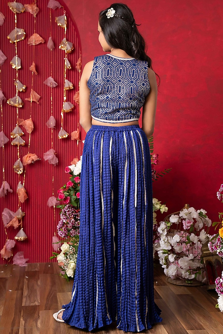 Royal Blue Crush Silk & Georgette Sharara Set For Girls by Kirti Agarwal Pret n Couture at Pernia's Pop Up Shop