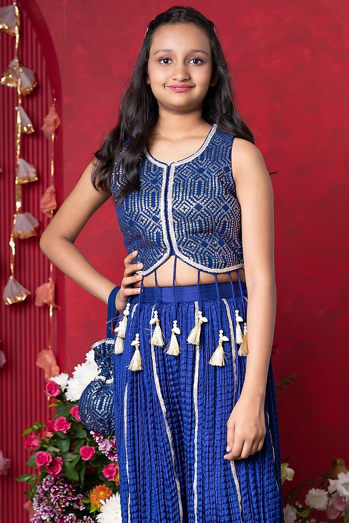 Royal Blue Crush Silk & Georgette Sharara Set For Girls by Kirti Agarwal Pret n Couture at Pernia's Pop Up Shop