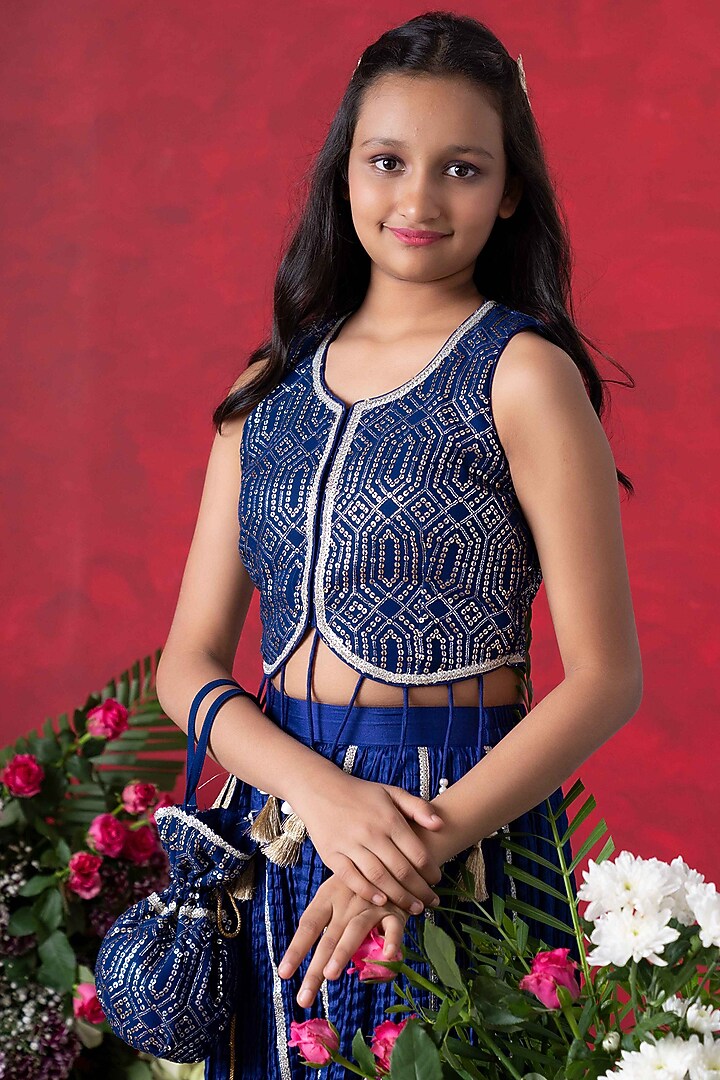 Royal Blue Crush Silk & Georgette Sharara Set For Girls by Kirti Agarwal Pret n Couture at Pernia's Pop Up Shop