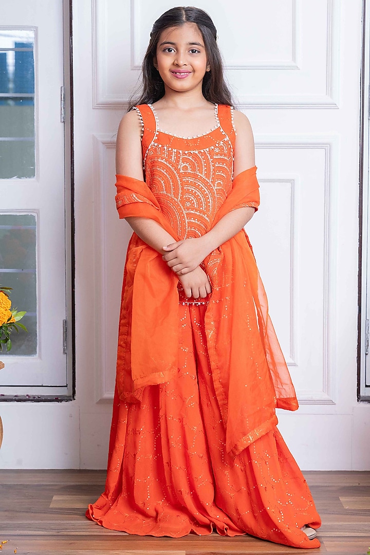 Orange Georgette Sequin Embellished Sharara Set For Girls by Kirti Agarwal Pret n Couture at Pernia's Pop Up Shop