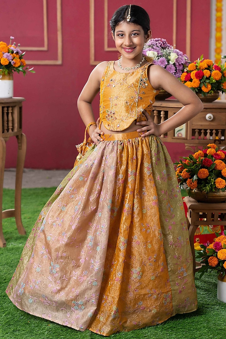 Mustard Yellow Tissue Silk Embroidered Lehenga Set For Girls by Kirti Agarwal Pret n Couture at Pernia's Pop Up Shop