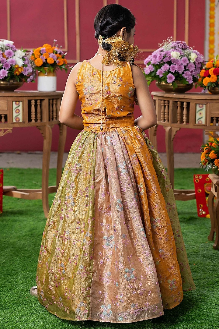 Mustard Yellow Tissue Silk Embroidered Lehenga Set For Girls by Kirti Agarwal Pret n Couture at Pernia's Pop Up Shop
