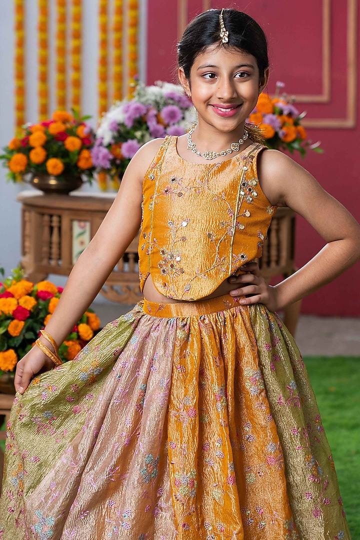 Mustard Yellow Tissue Silk Embroidered Lehenga Set For Girls by Kirti Agarwal Pret n Couture at Pernia's Pop Up Shop