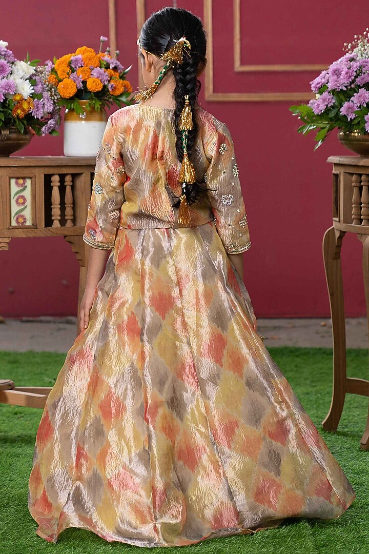 Orange & Mustard Yellow Tissue Silk Embroidered Lehenga Set For Girls by Kirti Agarwal Pret n Couture at Pernia's Pop Up Shop