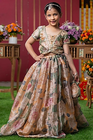 Multi-Colored Tissue Silk Floral Printed Lehenga Set For Girls by Kirti Agarwal Pret n Couture
