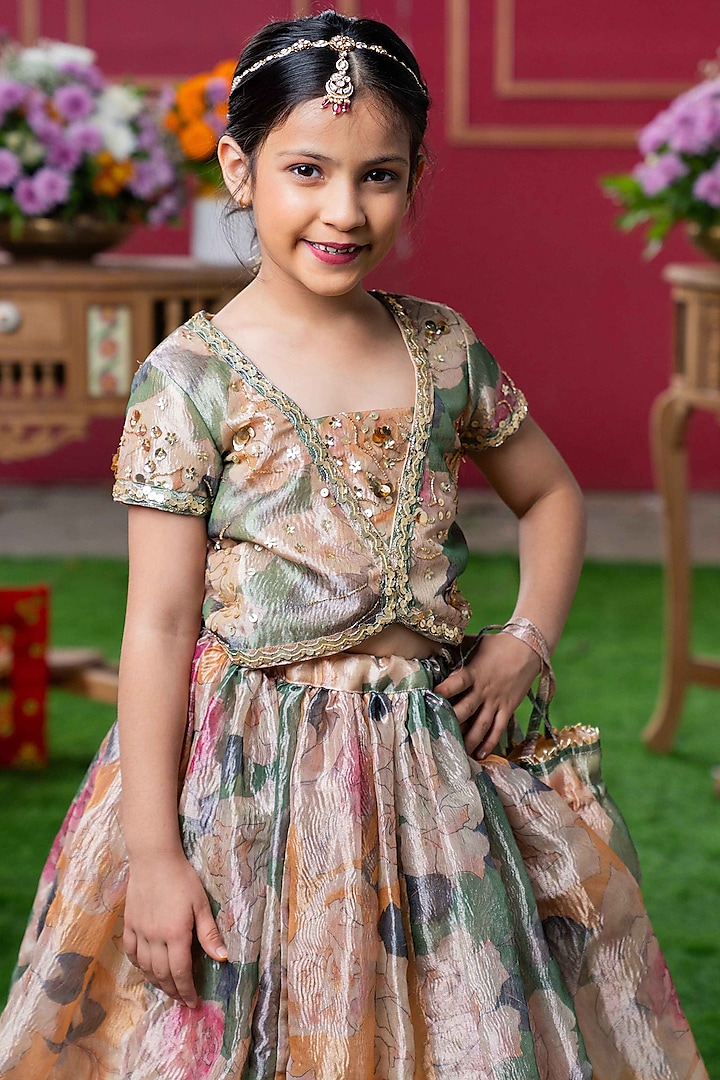 Multi-Colored Tissue Silk Floral Printed Lehenga Set For Girls by Kirti Agarwal Pret n Couture at Pernia's Pop Up Shop