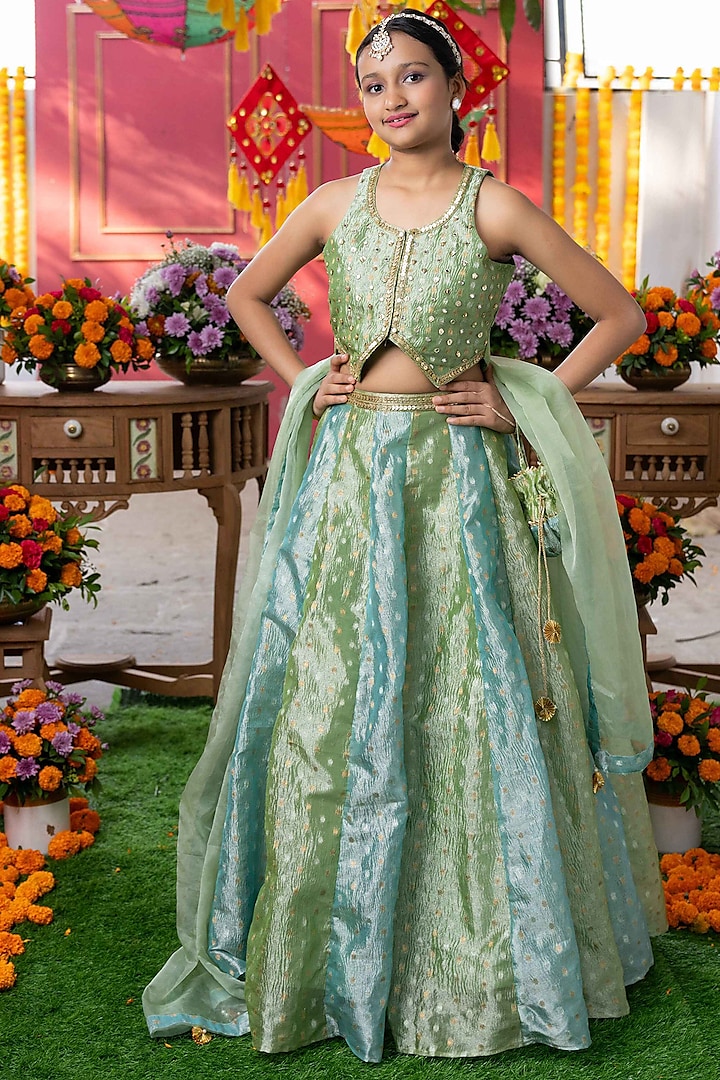 Green & Blue Tissue Silk Embroidered Lehenga Set For Girls by Kirti Agarwal Pret n Couture at Pernia's Pop Up Shop