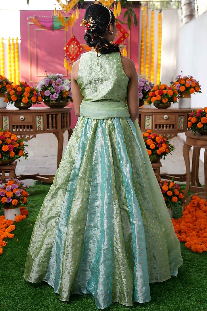 Green & Blue Tissue Silk Embroidered Lehenga Set For Girls by Kirti Agarwal Pret n Couture at Pernia's Pop Up Shop