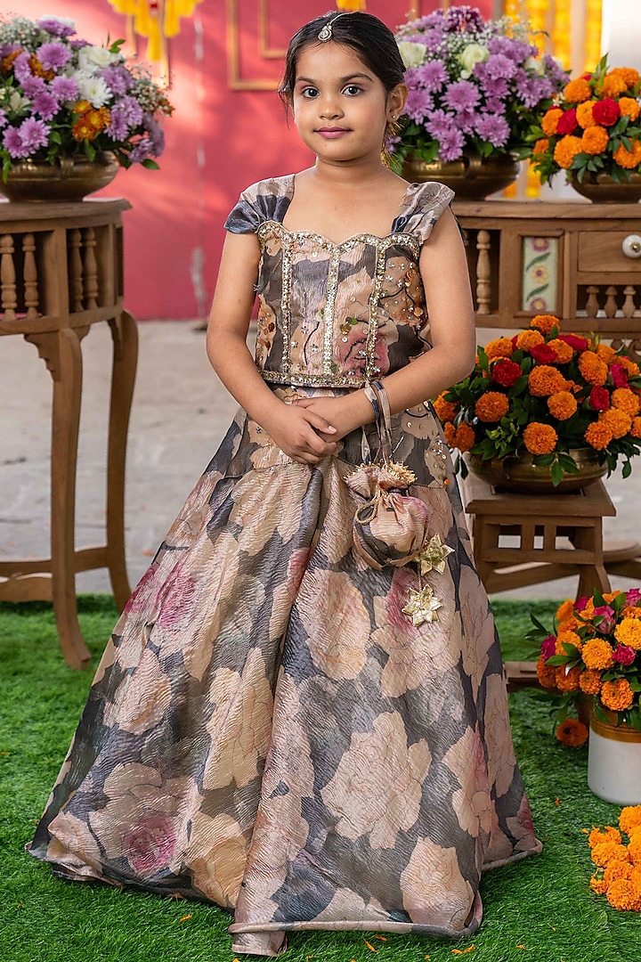 Grey & Beige Tissue Silk Floral Printed Lehenga Set For Girls by Kirti Agarwal Pret n Couture at Pernia's Pop Up Shop