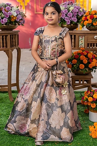 Grey & Beige Tissue Silk Floral Printed Lehenga Set For Girls by Kirti Agarwal Pret n Couture