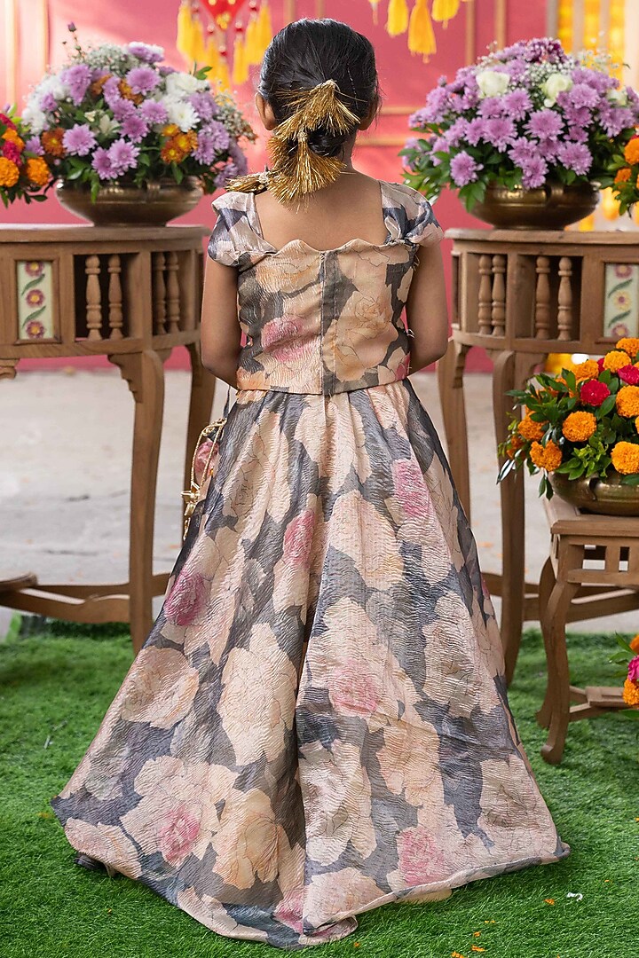 Grey & Beige Tissue Silk Floral Printed Lehenga Set For Girls by Kirti Agarwal Pret n Couture at Pernia's Pop Up Shop