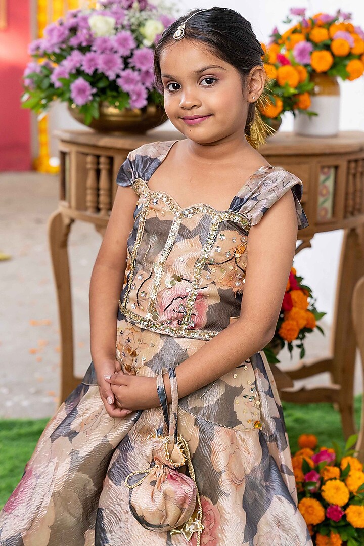 Grey & Beige Tissue Silk Floral Printed Lehenga Set For Girls by Kirti Agarwal Pret n Couture at Pernia's Pop Up Shop