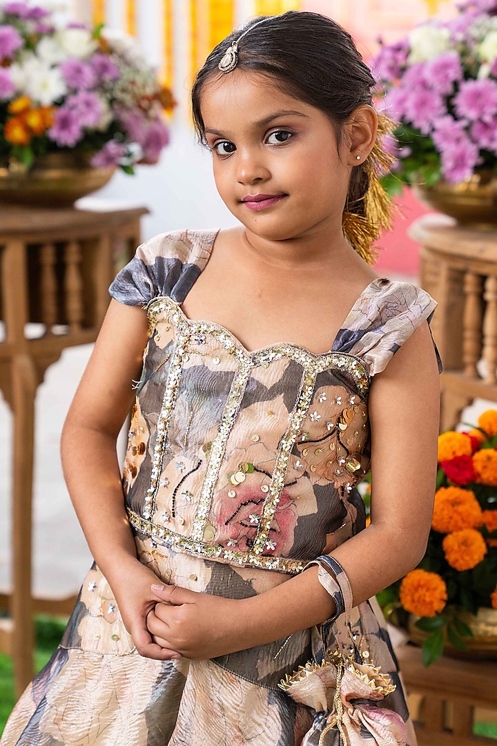 Grey & Beige Tissue Silk Floral Printed Lehenga Set For Girls by Kirti Agarwal Pret n Couture at Pernia's Pop Up Shop