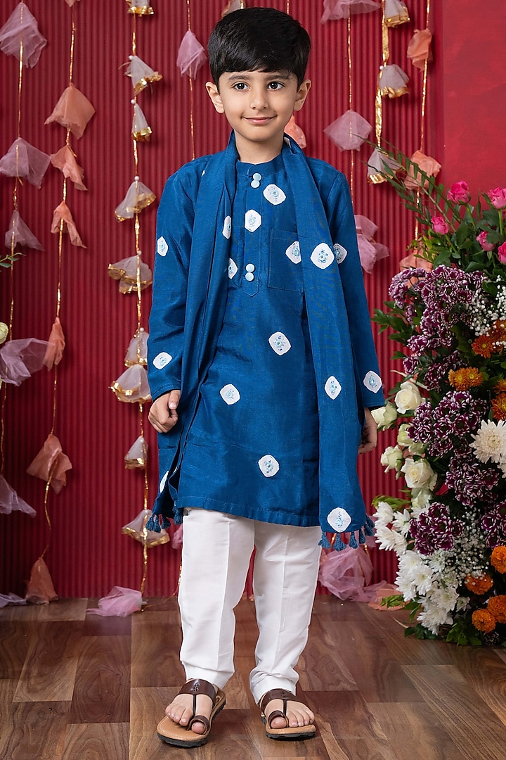 Blue Dola Silk Tie-Dye Printed Kurta Set For Boys by Kirti Agarwal Pret n Couture