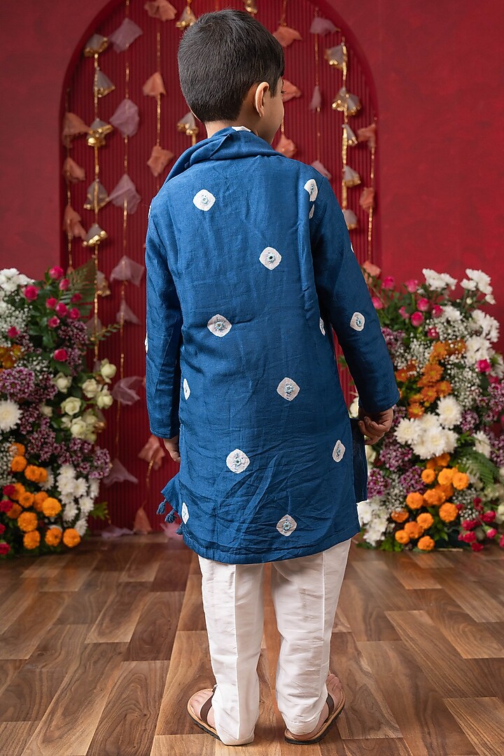 Blue Dola Silk Tie-Dye Printed Kurta Set For Boys by Kirti Agarwal Pret n Couture at Pernia's Pop Up Shop