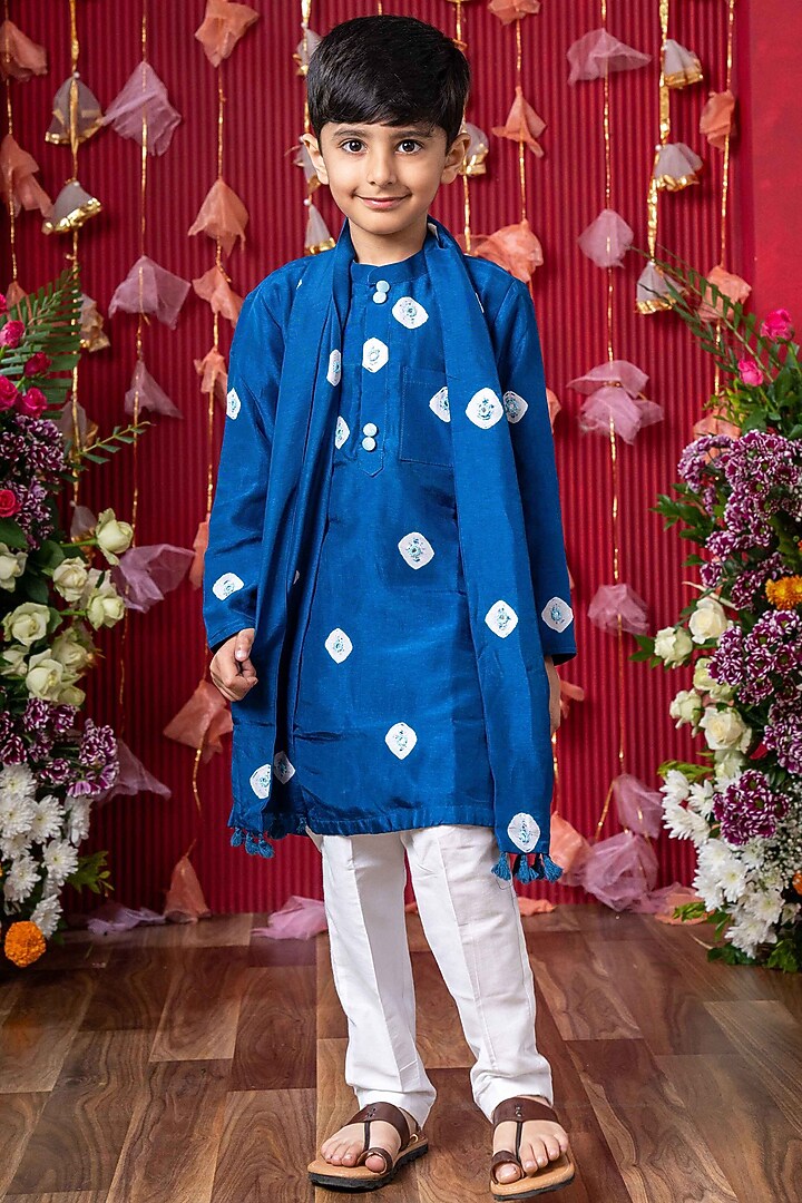 Blue Dola Silk Tie-Dye Printed Kurta Set For Boys by Kirti Agarwal Pret n Couture at Pernia's Pop Up Shop