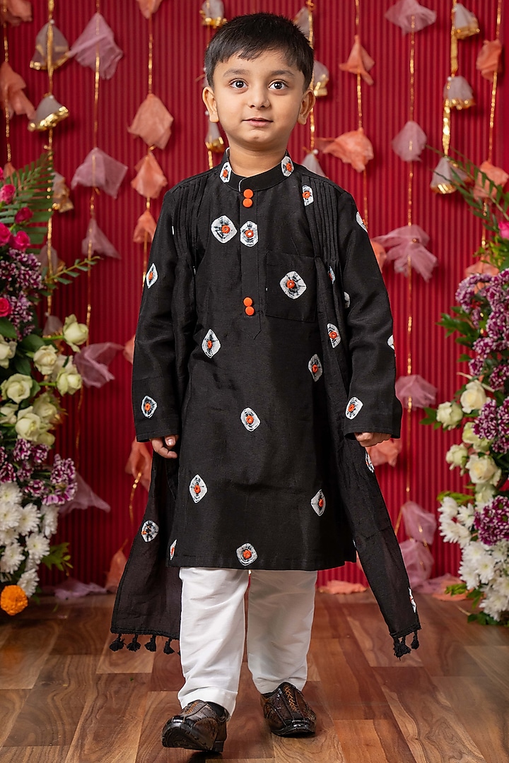 Black Dola Silk Embroidered Kurta Set For Boys by Kirti Agarwal Pret n Couture