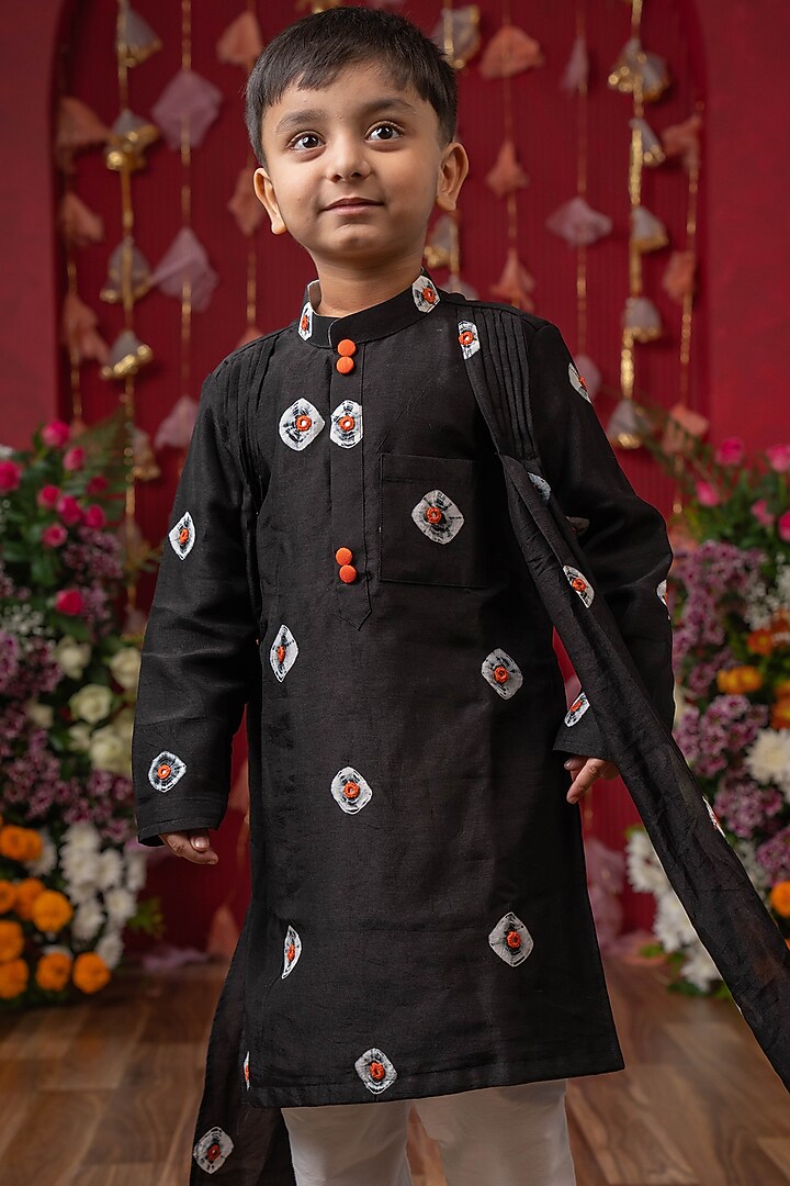 Black Dola Silk Embroidered Kurta Set For Boys by Kirti Agarwal Pret n Couture at Pernia's Pop Up Shop