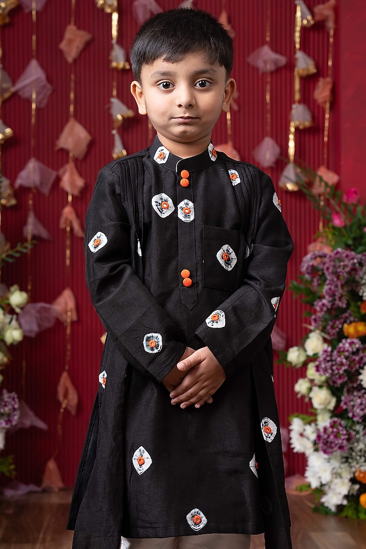 Black Dola Silk Embroidered Kurta Set For Boys by Kirti Agarwal Pret n Couture at Pernia's Pop Up Shop